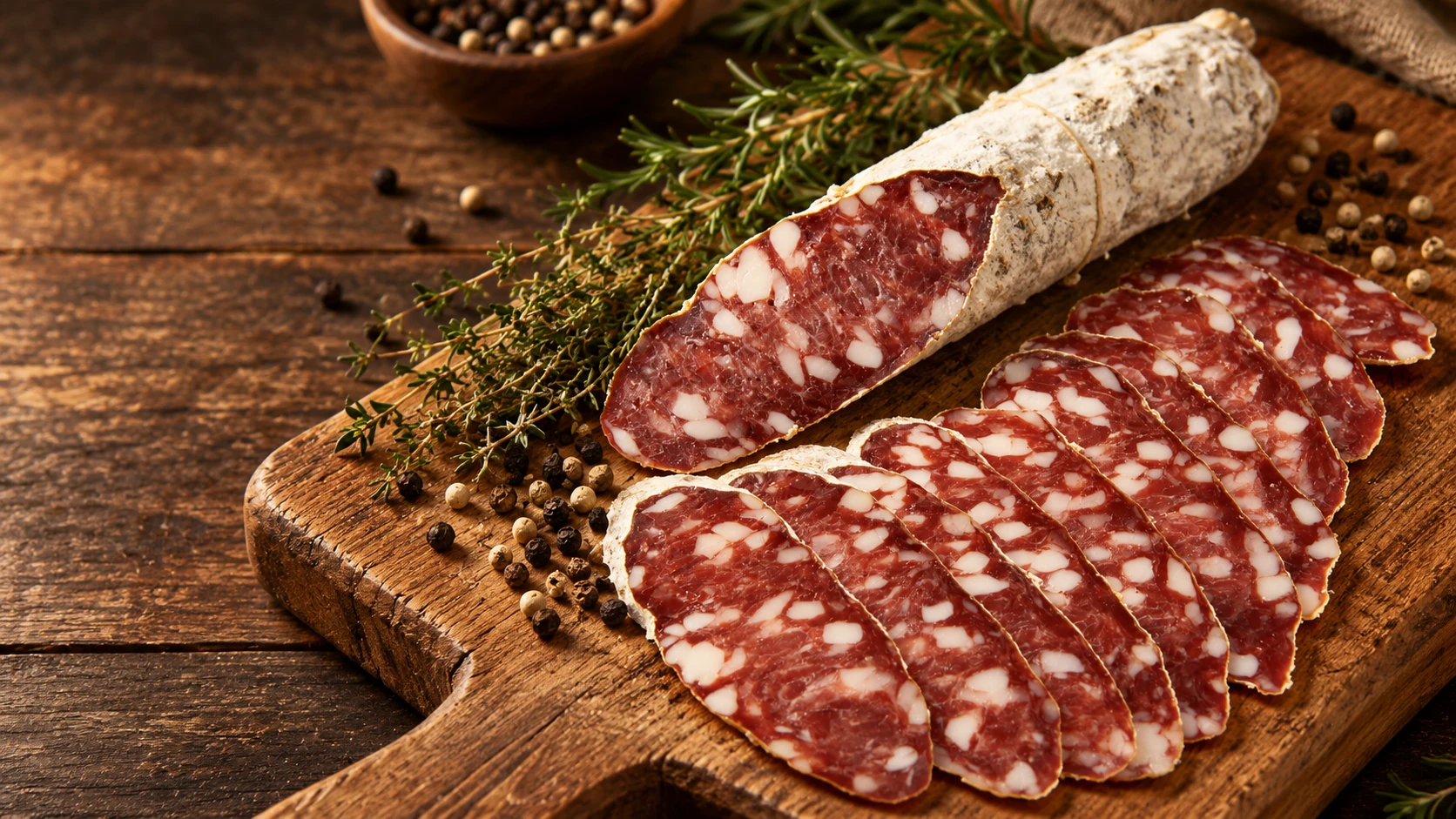 Corte del salame de Colonia Caroya, con carne de picado grueso y dados de tocino